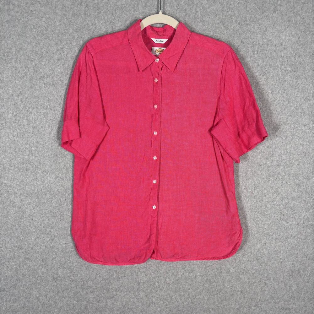 Talbots Irish Linen Shirt Sz 12 Pink Artsy Resort Cruise Blouse Lagenlook Granny